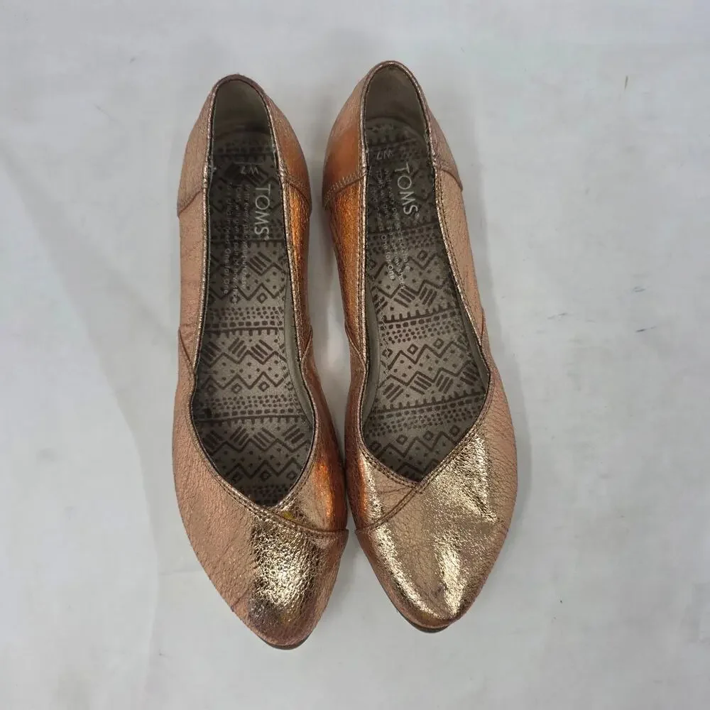 Toms Rose Gold Metallic Leather Ballet Flats Women's US 7 Slip On Shoes